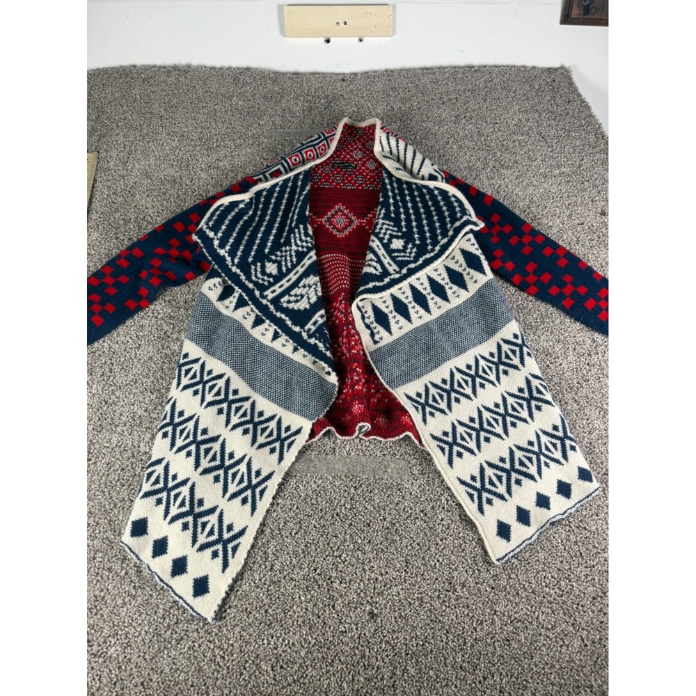 Double Zero Red White Blue Geometric Fair Isle Waterfall Open Front Cardigan M